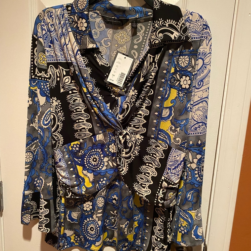 Beautiful New With Tags Blue Paisley Investments Shirt Blouse size Large